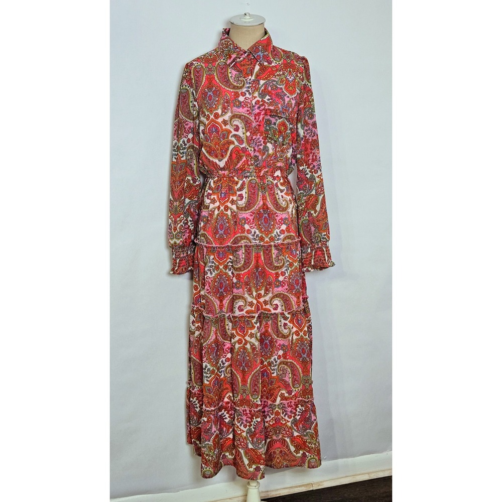 Harlow & Rose • Paisley Print Long-sleeve Midi Dress (Missing Belt)